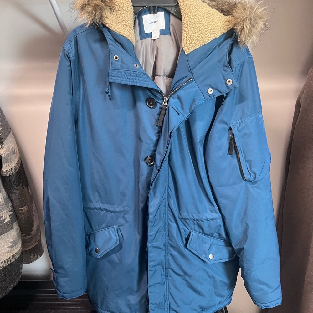Old Navy Teal Puffer Jacket with Faux Fur Trim